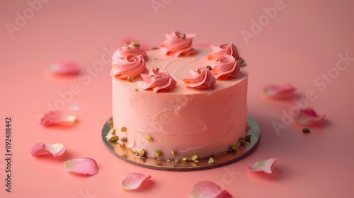 elegant rose petal and pistachio cake, set against a soft coral background, perfect for a sophisticated event