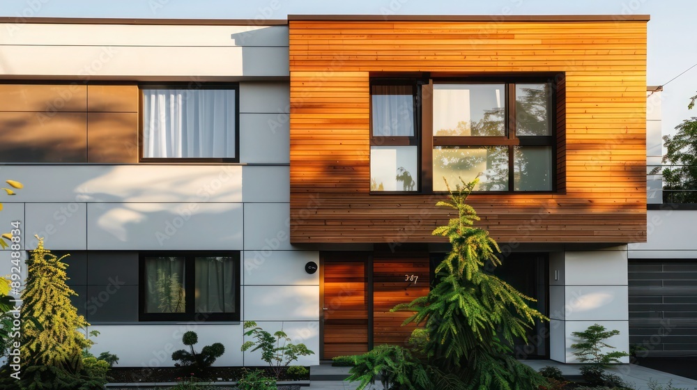Suburban home with a sleek design, featuring horizontal lines and a blend of natural wood and white panels Suburban home with a sleek design, featuring horizontal lines and a blend of natural wood and white panels