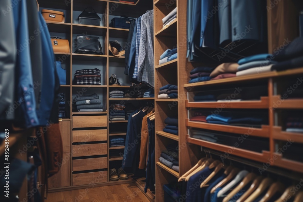 A tidy closet with built-in shelves and drawers, perfect for organizing clothing and accessories. The interior design showcases a sense of calm and serenity. A tidy closet with built-in shelves and drawers, perfect for organizing clothing and accessories. The interior design showcases a sense of calm and serenity.