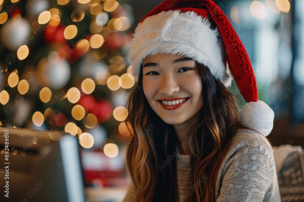 Close-up of an Asian woman wearing a Santa hat, happily typing on her computer in an office filled with Christmas decorations. Her joyful expression and the festive atmosphere create a cheerful and Close-up of an Asian woman wearing a Santa hat, happily typing on her computer in an office filled with Christmas decorations. Her joyful expression and the festive atmosphere create a cheerful and