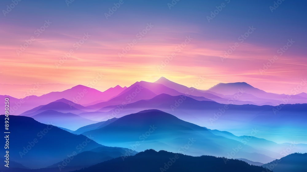 Obraz premium Stunning sunrise landscape with colorful mountains, vibrant pink and purple sky, and rolling hills covered in morning mist.