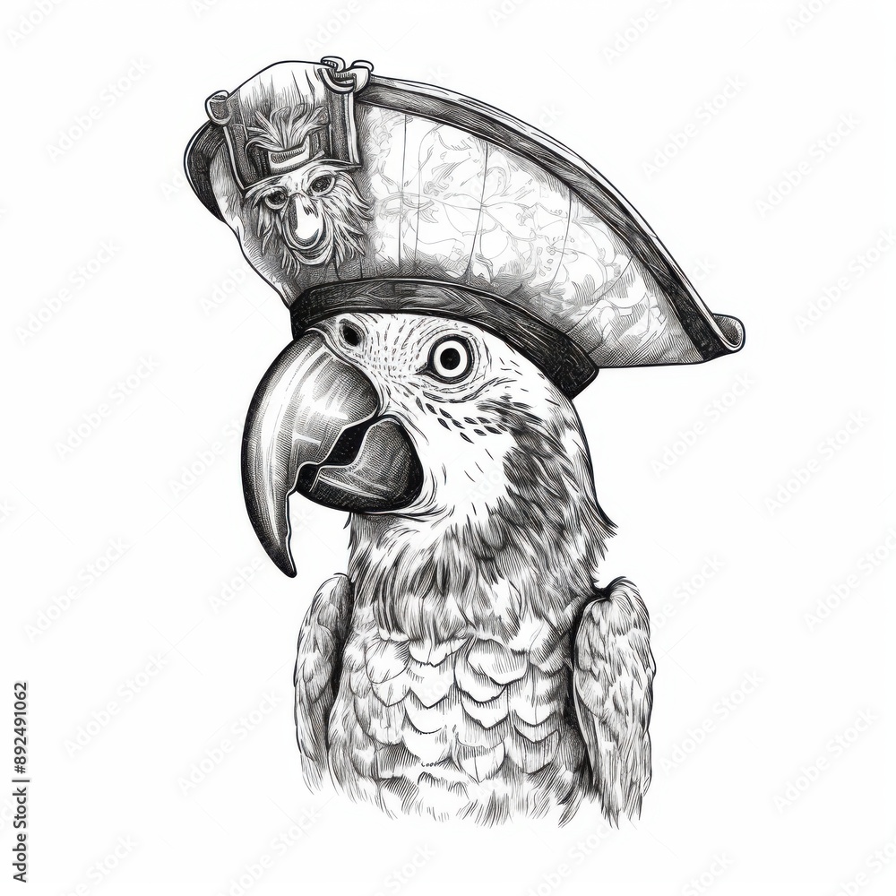 Black and white Vintage engraved art of a parrot with a pirate hat ...