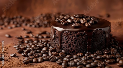 chic espresso and dark chocolate cake with coffee beans on a rich brown background, modern and perfect for coffee lovers