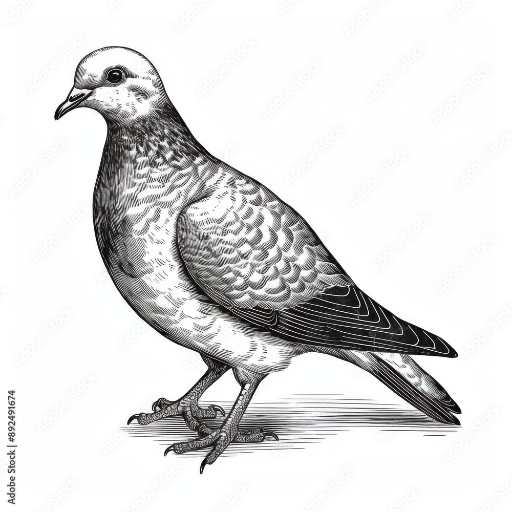 Fototapeta premium Black and white Vintage engraved art of a dove isolated on white background, ink sketch illustration, simple vector art design, highly detailed line art, high contrasty