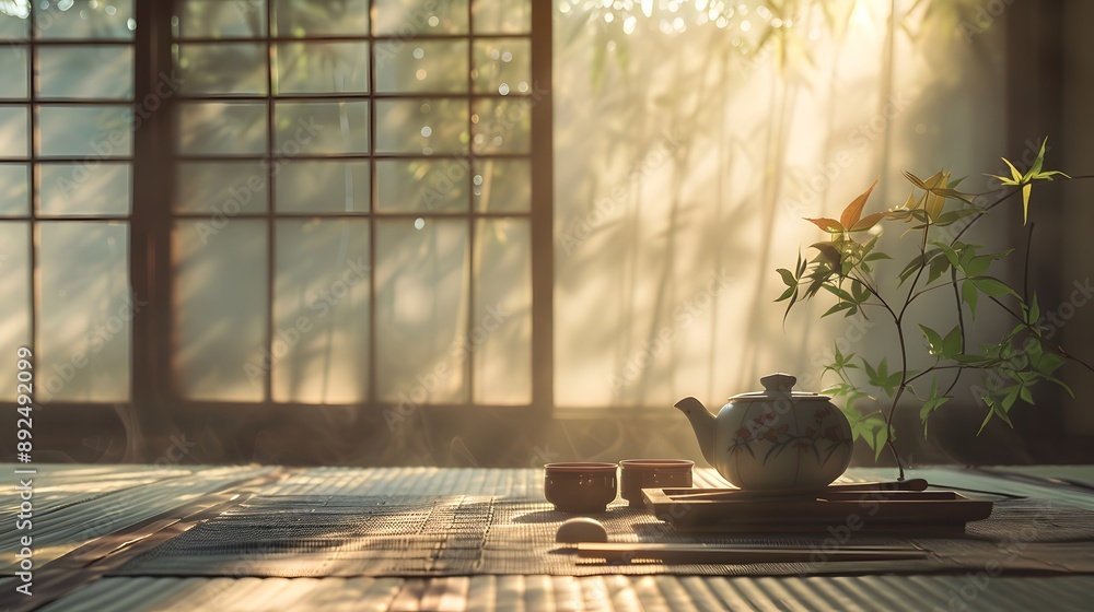 A cozy room with on a window sill and another Tea ceremony set A cozy room with on a window sill and another Tea ceremony set