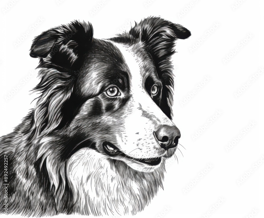 Fototapeta premium Black and white Vintage engraved art of a Border Collie isolated on white background, ink sketch illustration, simple vector art design, highly detailed line art, high contrasty