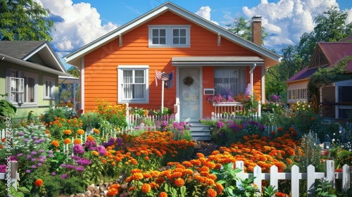 quaint suburban cottage with a cheerful orange facade, surrounded by a vibrant flower garden with marigolds and zinnias, and a small white picket fence