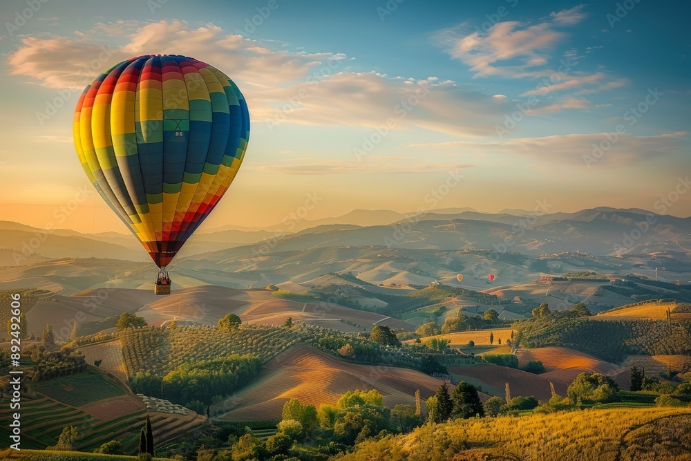 Obraz premium A colorful hot air balloon floats above a majestic mountain range