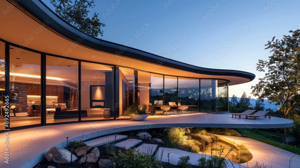 Suburban luxury home with a minimalist design, featuring an organic roof shape and floor-to-ceiling windows Include space for text Suburban luxury home with a minimalist design, featuring an organic roof shape and floor-to-ceiling windows Include space for text