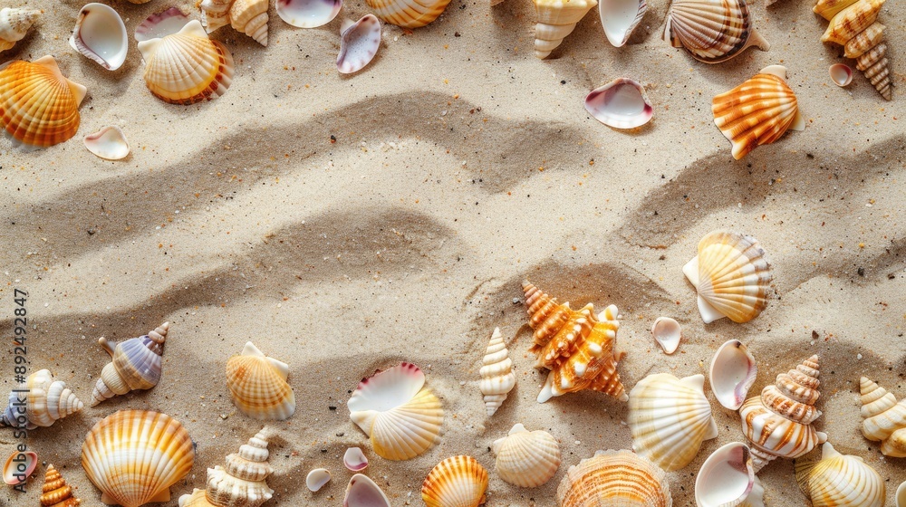 Shells mixed in beach sand from above ideal for beach vacation concept Shells mixed in beach sand from above ideal for beach vacation concept