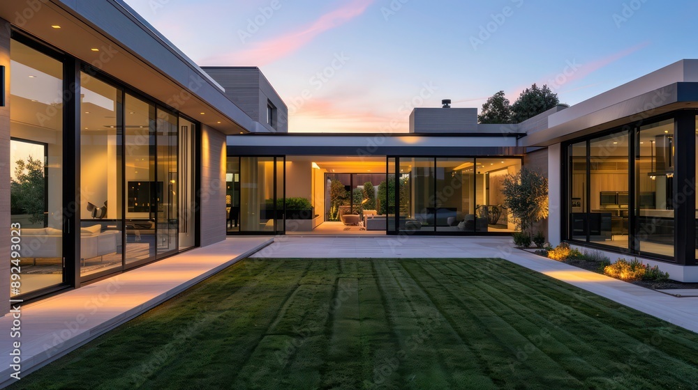 Twilight setting showcasing a luxurious suburban home with clean lines, large glass doors, and a neatly manicured lawn Twilight setting showcasing a luxurious suburban home with clean lines, large glass doors, and a neatly manicured lawn