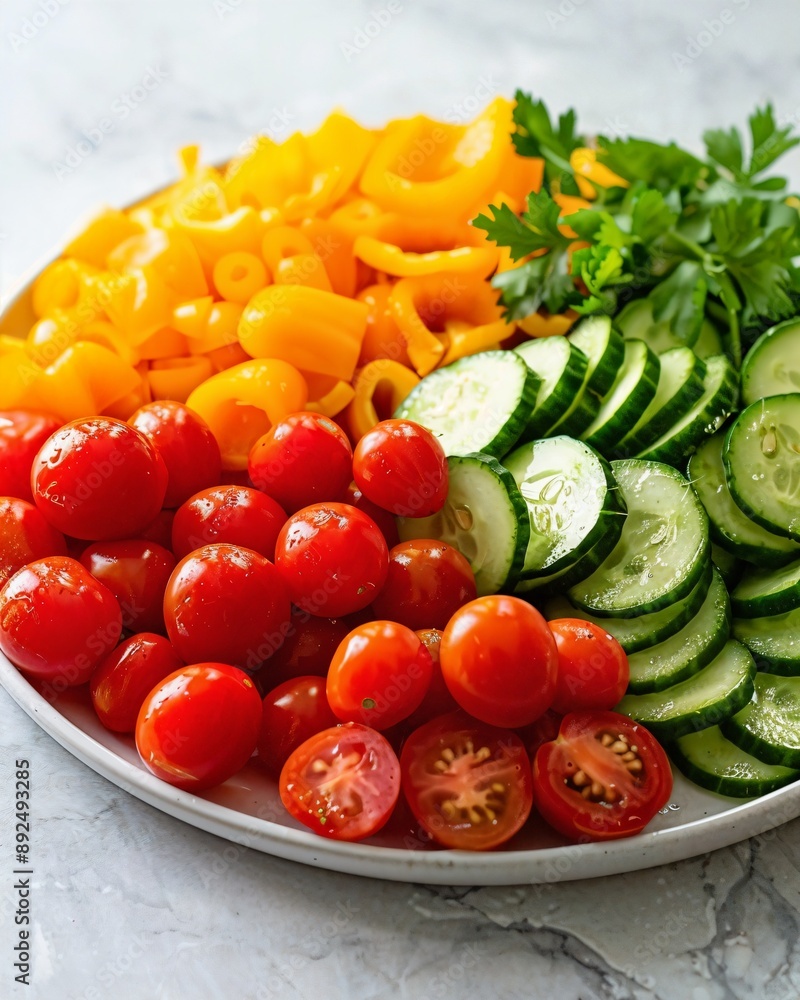 a platter of vegetables including cucumbers, tomatoes, bell peppers, and a platter of vegetables including cucumbers, tomatoes, bell peppers, and