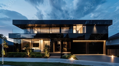 Ultra-modern suburban home with a reflective black exterior, integrated smart lighting, and a discreet garage