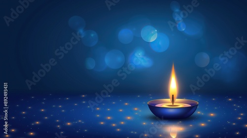 happy diwali diya background glowing candle on blue bokeh background with sparkling lights hindu indian festival celebration copy space for text