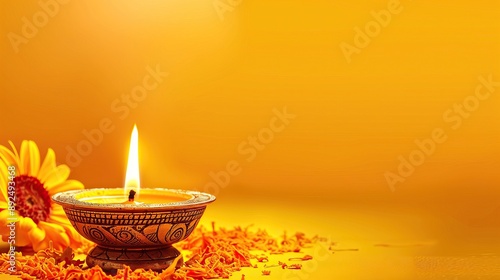 happy diwali traditional diya oil lamp with vibrant orange marigold flowers decoration festive yellow background copy space hindu culture
