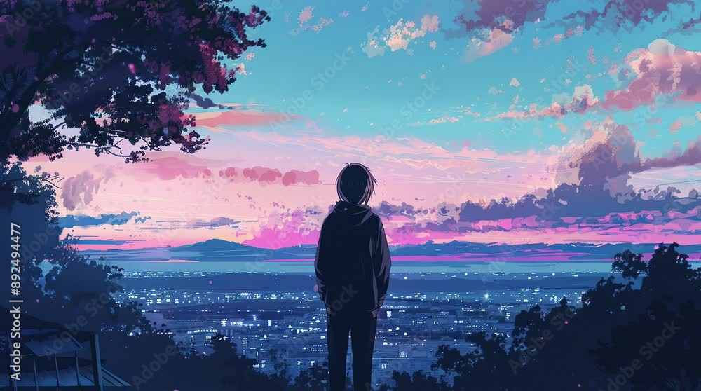 Anime boy standing alone on a hill, gazing at a town in the valley ...