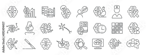Neurology clinic, human brain line icon set. Neuron, axon, dendrite, synapse, headache, eeg, brain biochemistry, cancer, psychometric tests,  Blocks vector illustration. Editable Strokes
