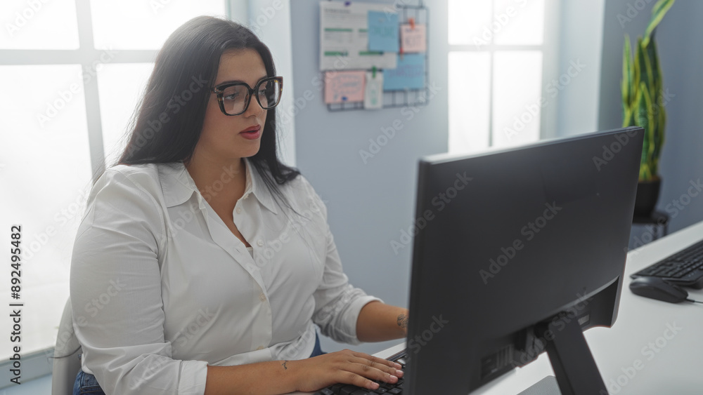 Woman working at computer in office, wearing white shirt and glasses, young and hispanic, curvy and focused, indoors in a room with white windows and plants Woman working at computer in office, wearing white shirt and glasses, young and hispanic, curvy and focused, indoors in a room with white windows and plants