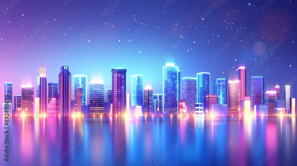 Naklejka premium Vibrant city skyline at night with neon lights reflecting on calm water, under a starry sky. Modern cityscape in vivid colors.