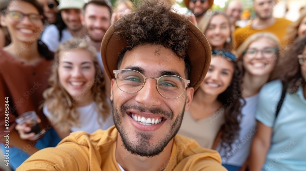 An upbeat image capturing a young man taking a selfie with a group of smiling peers in a bright and cheerful setting, radiating happiness and camaraderie. An upbeat image capturing a young man taking a selfie with a group of smiling peers in a bright and cheerful setting, radiating happiness and camaraderie.