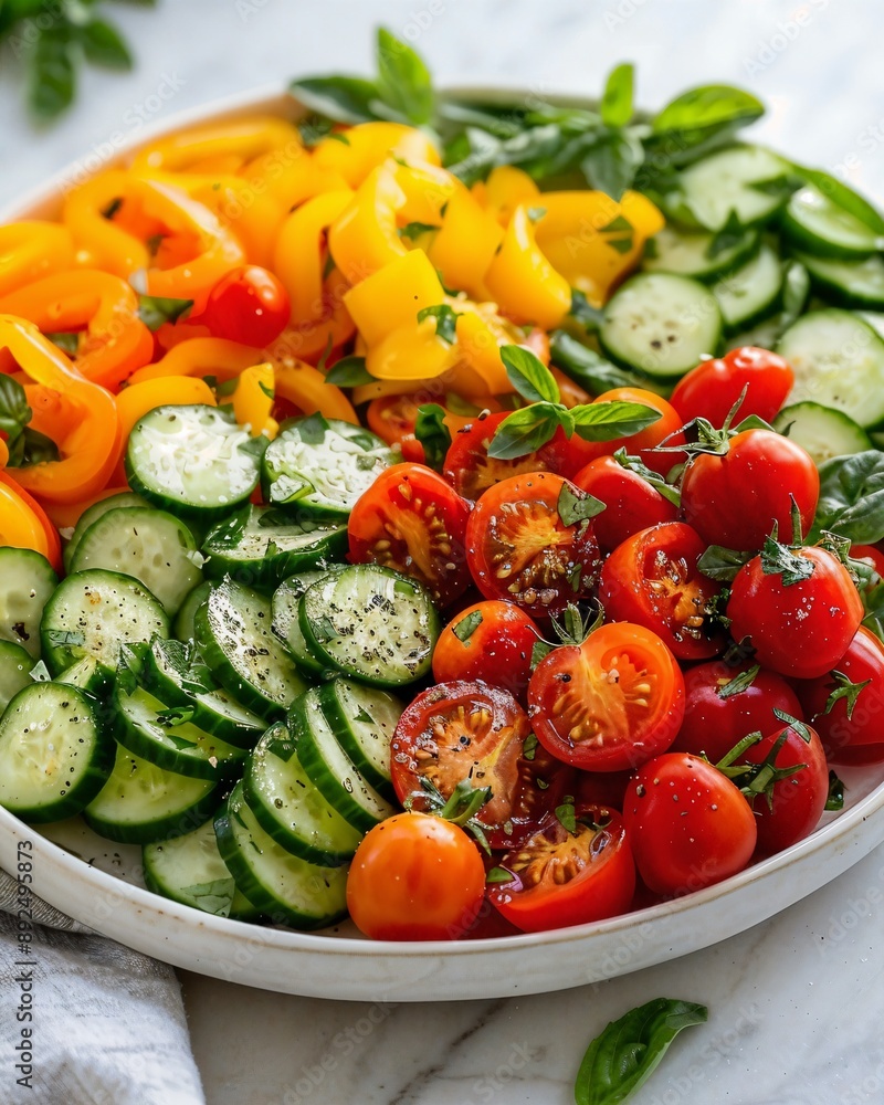 a bowl filled with cucumbers, tomatoes, and other vegetables a bowl filled with cucumbers, tomatoes, and other vegetables