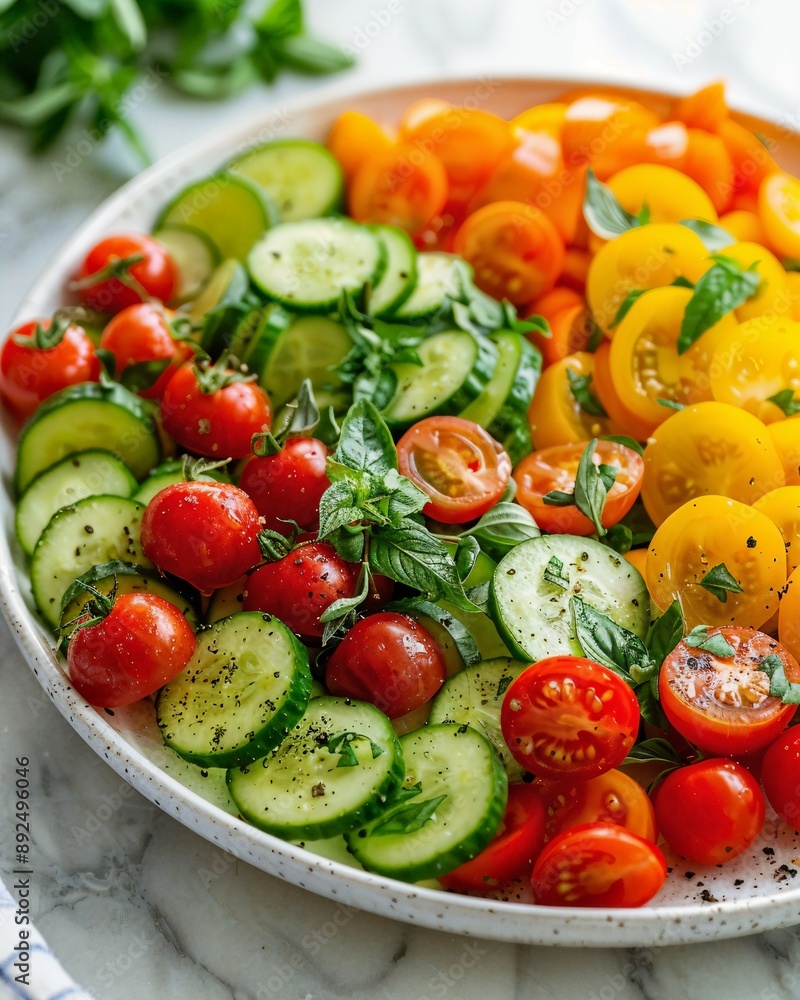 a plate of sliced cucumbers, tomatoes, and other vegetables a plate of sliced cucumbers, tomatoes, and other vegetables