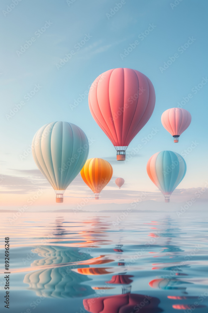 Obraz premium luxury balloon architecture, Majestic balloon towers by a tranquil lake at sunset, blending vibrant colors into the horizon, creating a breathtaking spectacle.