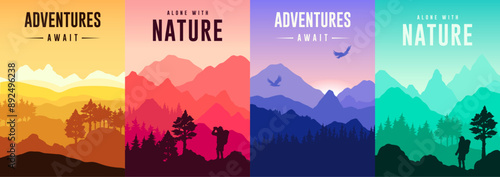 Hiking travel colorful set posters
