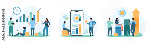 Financial research and dashboard analysis for stock market investment set. Tiny people work with chart arrow up of profit, sales and income growth reports in mobile app cartoon vector illustration