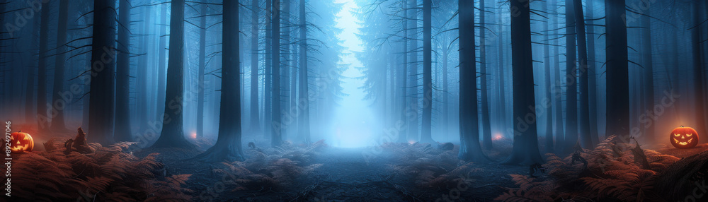 Mysterious foggy forest at night with glowing jack-o-lanterns, perfect for Halloween theme or eerie atmosphere backgrounds. Mysterious foggy forest at night with glowing jack-o-lanterns, perfect for Halloween theme or eerie atmosphere backgrounds.