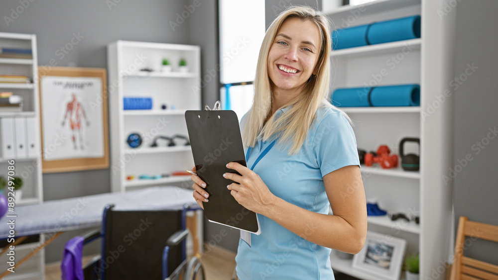 A smiling young blonde woman in a clinic holding a clipboard, representing a medical professional at work in an indoor setting. A smiling young blonde woman in a clinic holding a clipboard, representing a medical professional at work in an indoor setting.