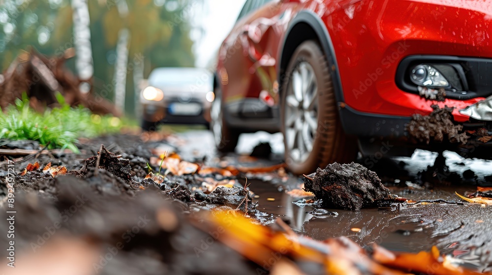 A red car drives through a muddy, obstacle-filled road, showcasing the challenges and resilience of navigating through difficult terrains. The image is dynamic and relatable. A red car drives through a muddy, obstacle-filled road, showcasing the challenges and resilience of navigating through difficult terrains. The image is dynamic and relatable.
