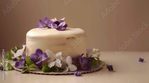 delicate elderflower and white chocolate cake, adorned with candied violets, set against a soft taupe background