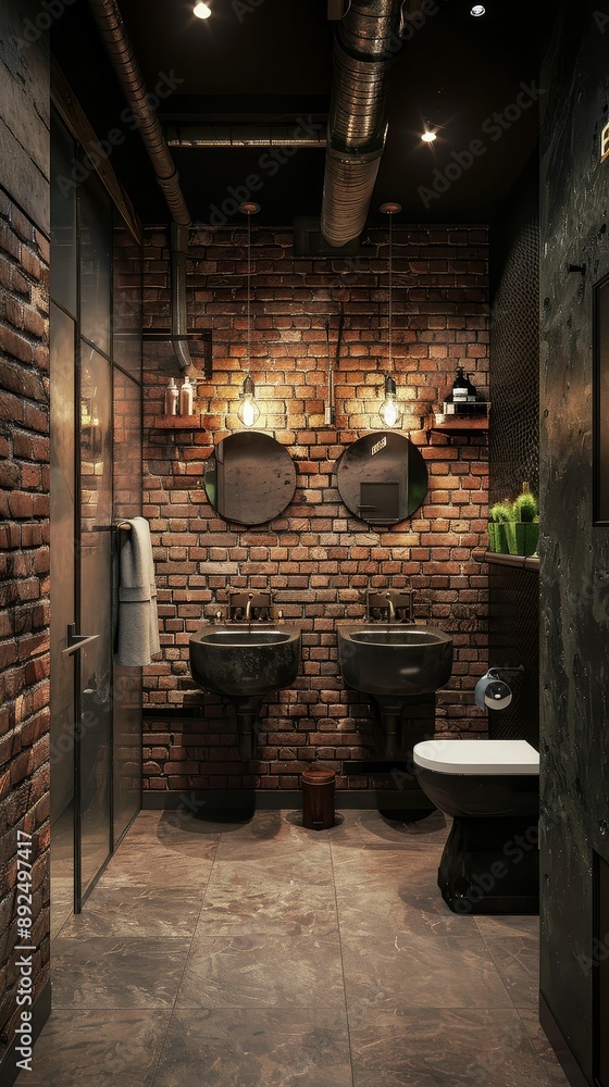 A restroom with a brick accent wall and industrial fixtures, unique and stylish, realistic, natural lighting, high detail A restroom with a brick accent wall and industrial fixtures, unique and stylish, realistic, natural lighting, high detail