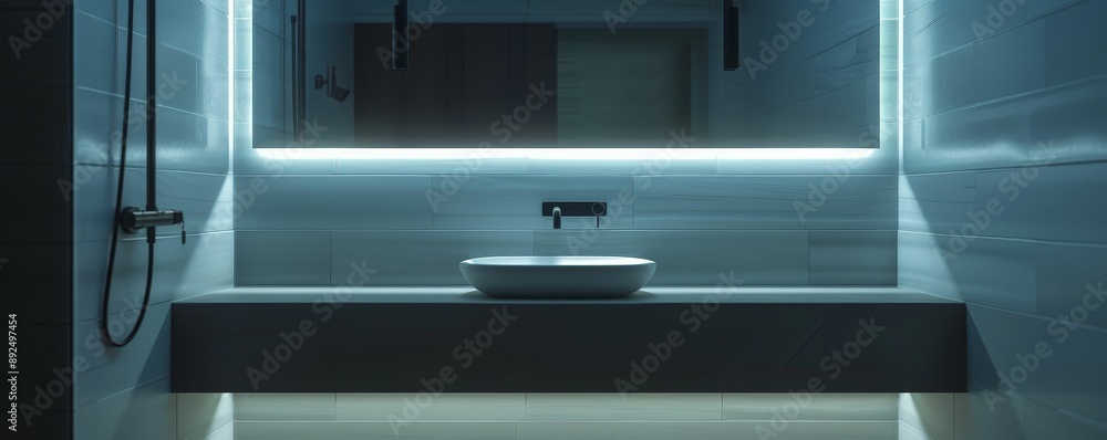 A restroom with a floating vanity and sleek design, minimalist and modern, realistic, bright lighting, high detail A restroom with a floating vanity and sleek design, minimalist and modern, realistic, bright lighting, high detail