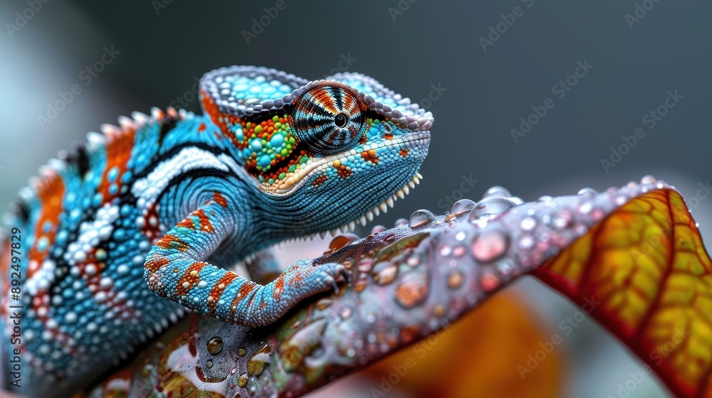 Chameleon perched on a rain-speckled branch flaunting vibrant and intricate colors, illustrating the harmony and adaptability found within nature's beauty. Chameleon perched on a rain-speckled branch flaunting vibrant and intricate colors, illustrating the harmony and adaptability found within nature's beauty.