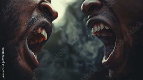 Intense close-up of two people yelling at each other, capturing raw emotion, tension, and conflict in a dramatic and powerful image.