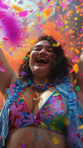 A plussized person attending a music festival, joyful and lively, photorealistic, vibrant colors, highresolution photo photo