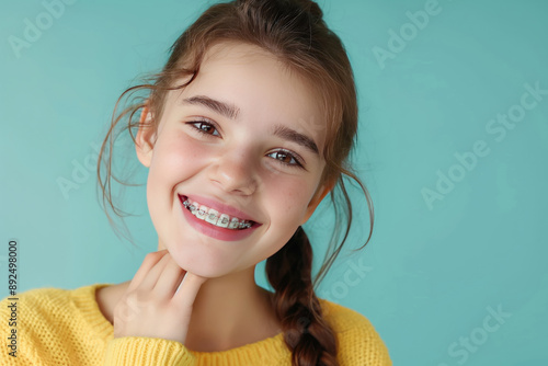 Portrait of cute teenage kid with dental braces smiling photo