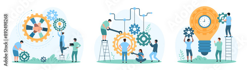Effective cooperation, teambuilding and marketing strategy of partners. Tiny people moving gears with tools and wrench, building collaboration and light bulb project cartoon vector illustration