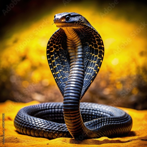 Black Cobra Snake in a Defensive Posture on Yellow Sand. Generative AI