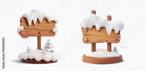 3D illustration of two wooden signs covered with snow, surrounded by small snow-covered pine trees. The signs are designed with a cartoonish style, perfect for holiday, winter, and Christmas