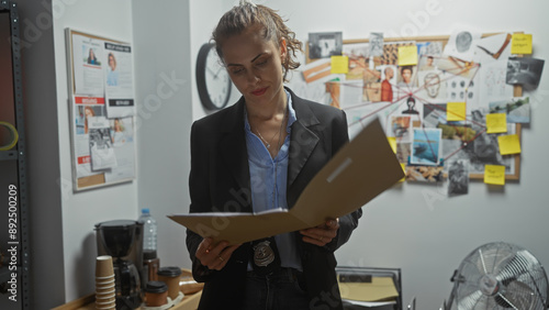 A focused woman detective examines a file in a cluttered police station, with an evidence board in the background. photo