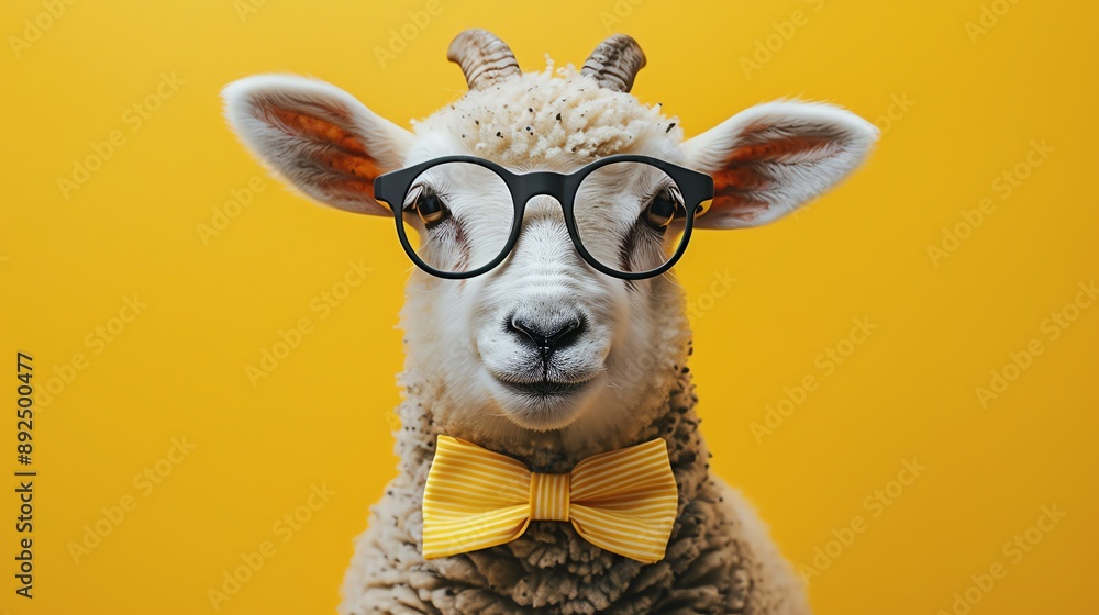 A comical sheep wearing oversized glasses and a yellow bow tie against a bright yellow background, portraying a smart look A comical sheep wearing oversized glasses and a yellow bow tie against a bright yellow background, portraying a smart look