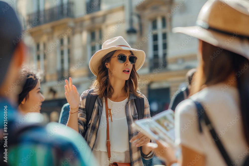 Φωτογραφία Young female tourist guide showing European city to the group of tourists