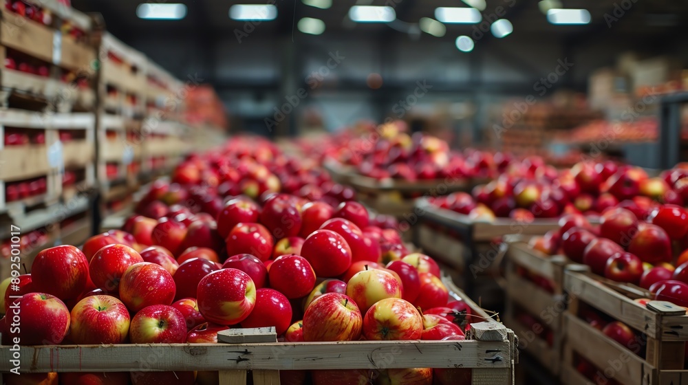 Crates of red apples in a large warehouse, neatly stacked, bright and fresh Crates of red apples in a large warehouse, neatly stacked, bright and fresh