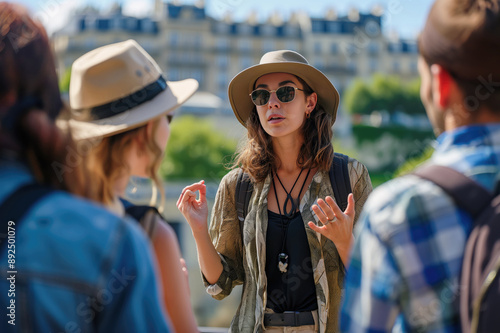 Fototapeta Naklejka Na Ścianę i Meble -  Young female tourist guide showing European city to the group of tourists