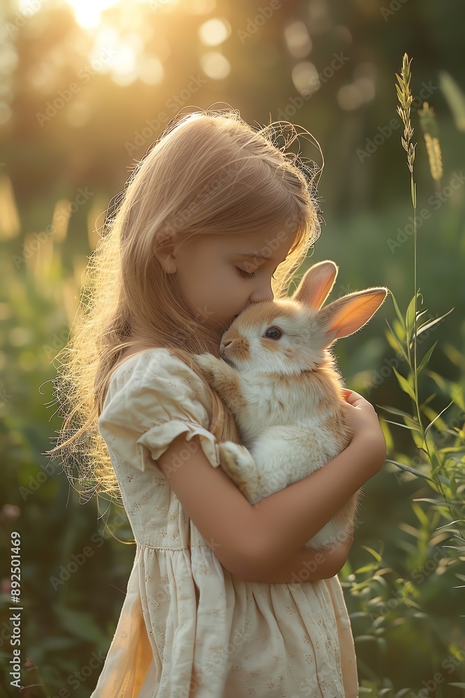 Girl holding bunny, soft sunlight, serene field Girl holding bunny, soft sunlight, serene field