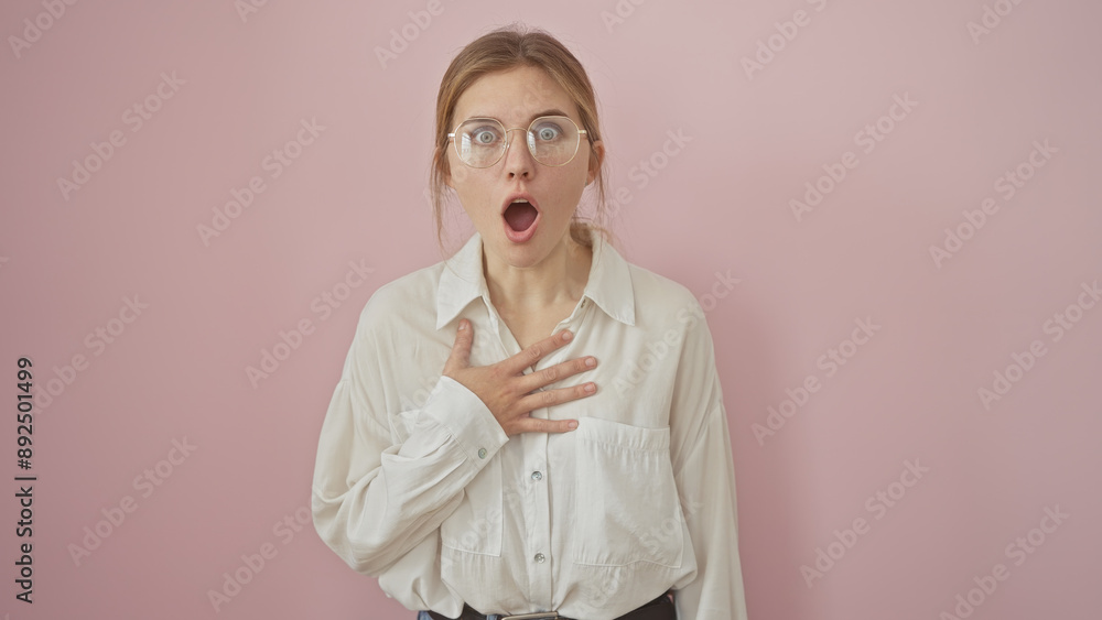 A surprised young woman with glasses overreacts against a pink background. A surprised young woman with glasses overreacts against a pink background.