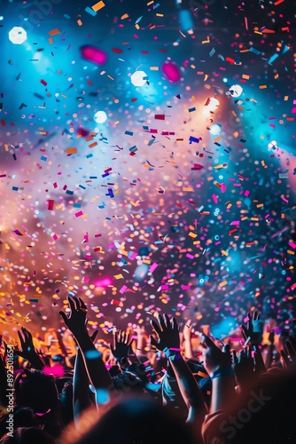 Person celebrating at a concert, confetti falling, vibrant lights